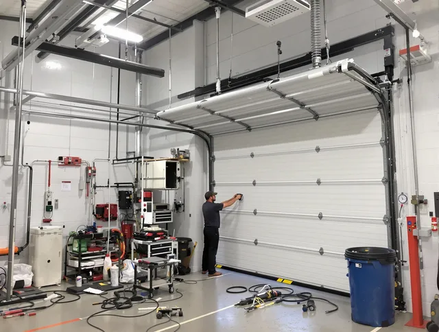 Georgetown Garage Door Repair certified technician performing commercial door repair at a Georgetown business facility