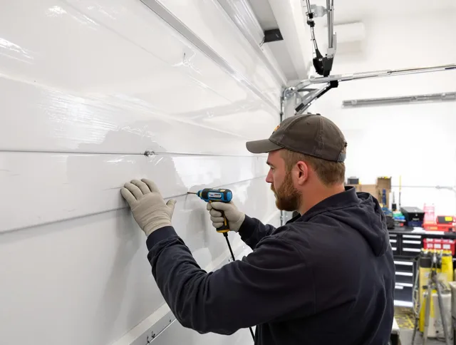 Georgetown Garage Door Repair technician demonstrating precision dent removal techniques on a Georgetown garage door