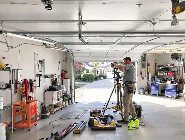 Georgetown Garage Door Repair specialist performing laser-guided track alignment in Georgetown